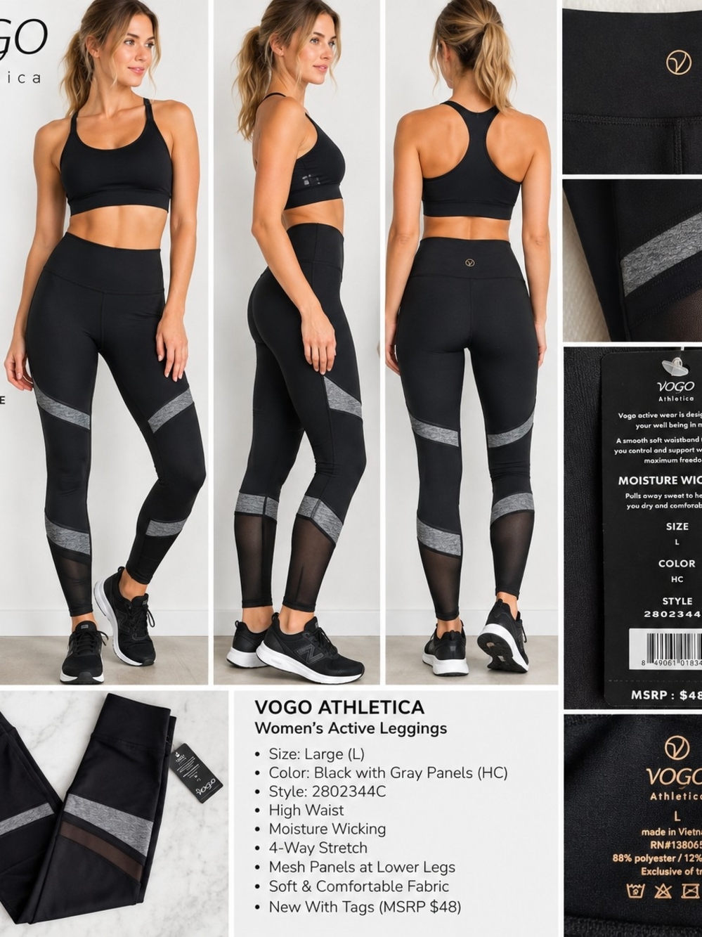 VOGO Athletica Women’s Leggings L Black Gray Mesh High Waist NWT Activewear